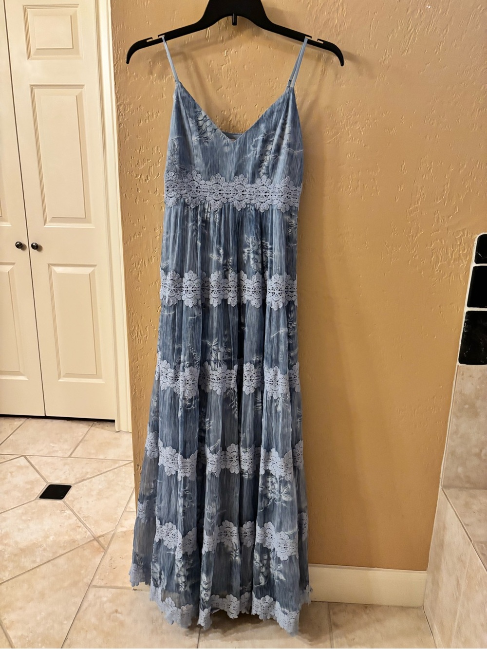 BHLDN Dusty Blue Lace-Trim Maxi Dress